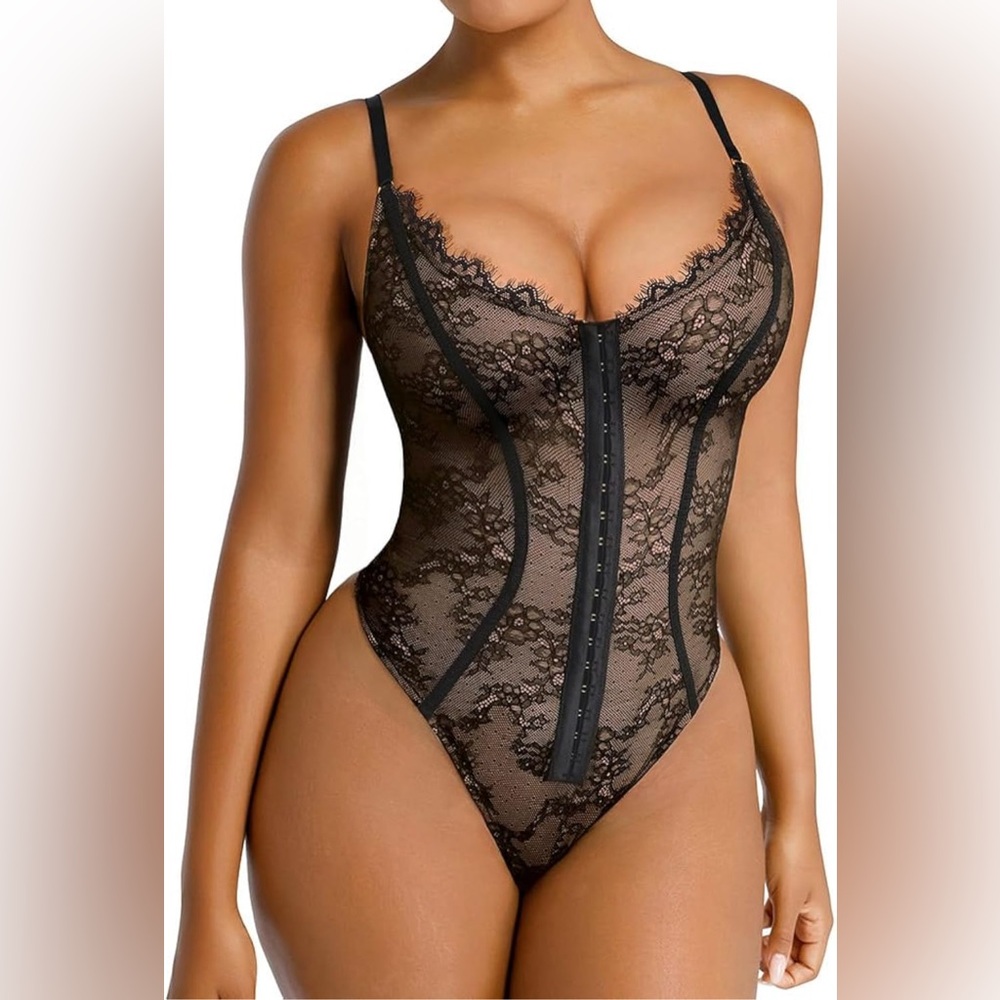 SHAPELLX Lace Bodysuit Tummy Control Shapewear One Piece Body Shaper Thongs